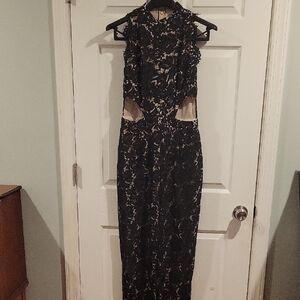 Missguided Sleeveless Black Lace/nude Lined Jumpsuit With Side Cutouts.